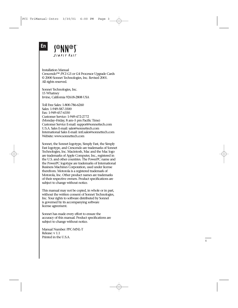 Sonnet Technologies Crescendo_PCI Processor Upgrade Card User Manual | Page 3 / 179