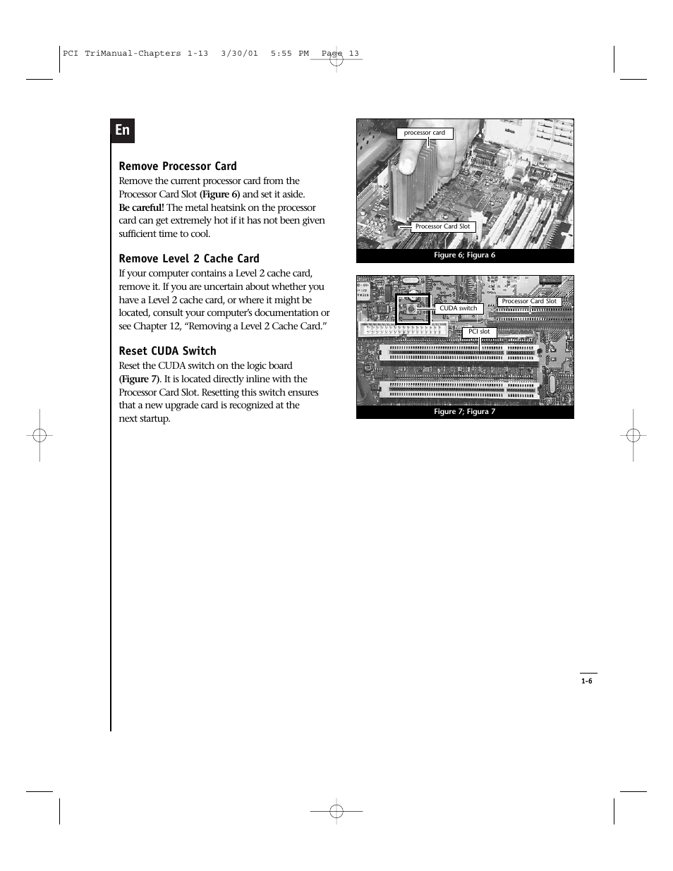 Remove processor card, Remove level 2 cache card, Reset cuda switch | Sonnet Technologies Crescendo_PCI Processor Upgrade Card User Manual | Page 31 / 179