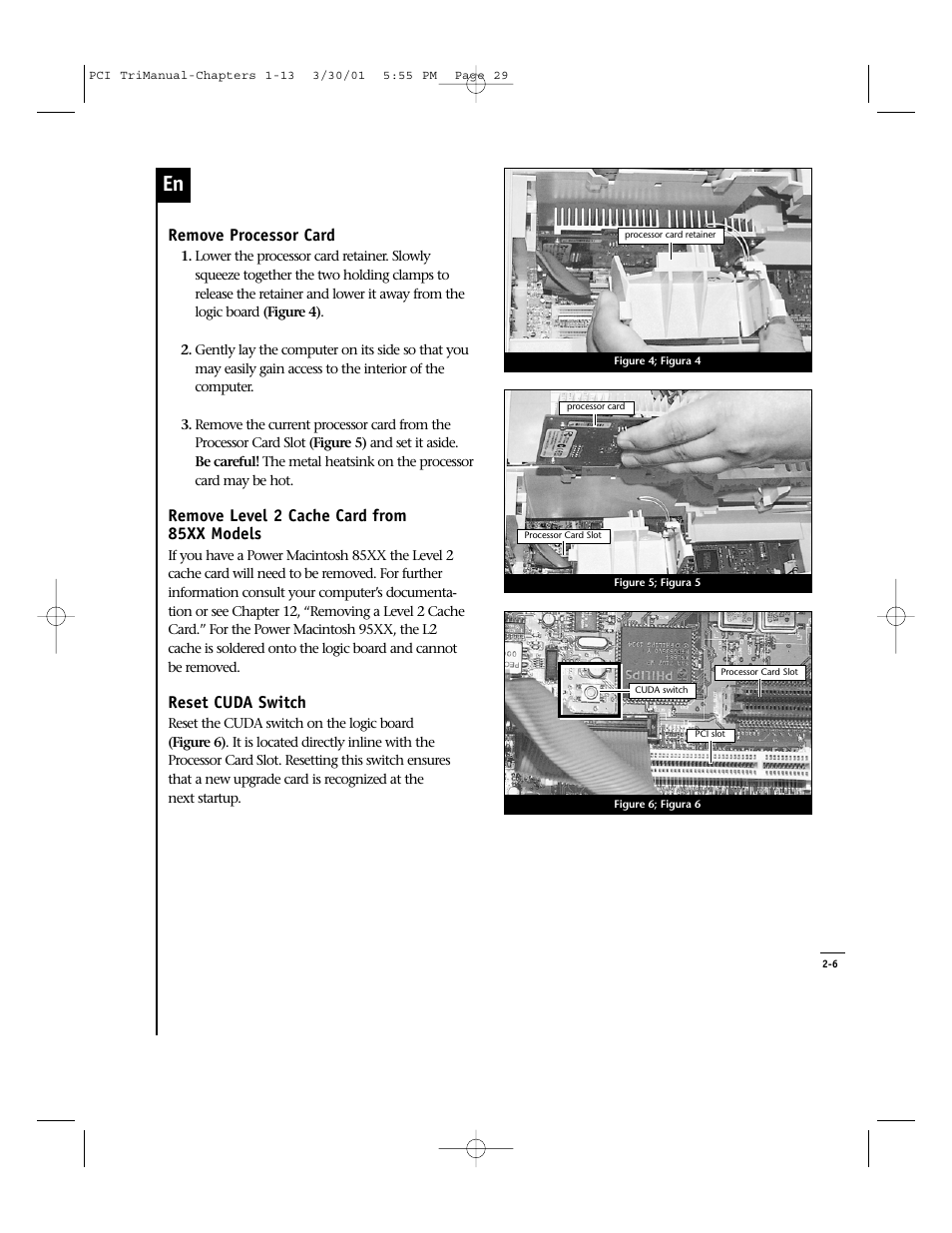 Remove processor card, Remove level 2 cache card from 85xx models, Reset cuda switch | Sonnet Technologies Crescendo_PCI Processor Upgrade Card User Manual | Page 47 / 179