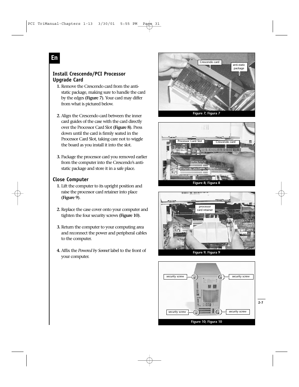 Install crescendo/pci processor upgrade card, Close computer | Sonnet Technologies Crescendo_PCI Processor Upgrade Card User Manual | Page 49 / 179