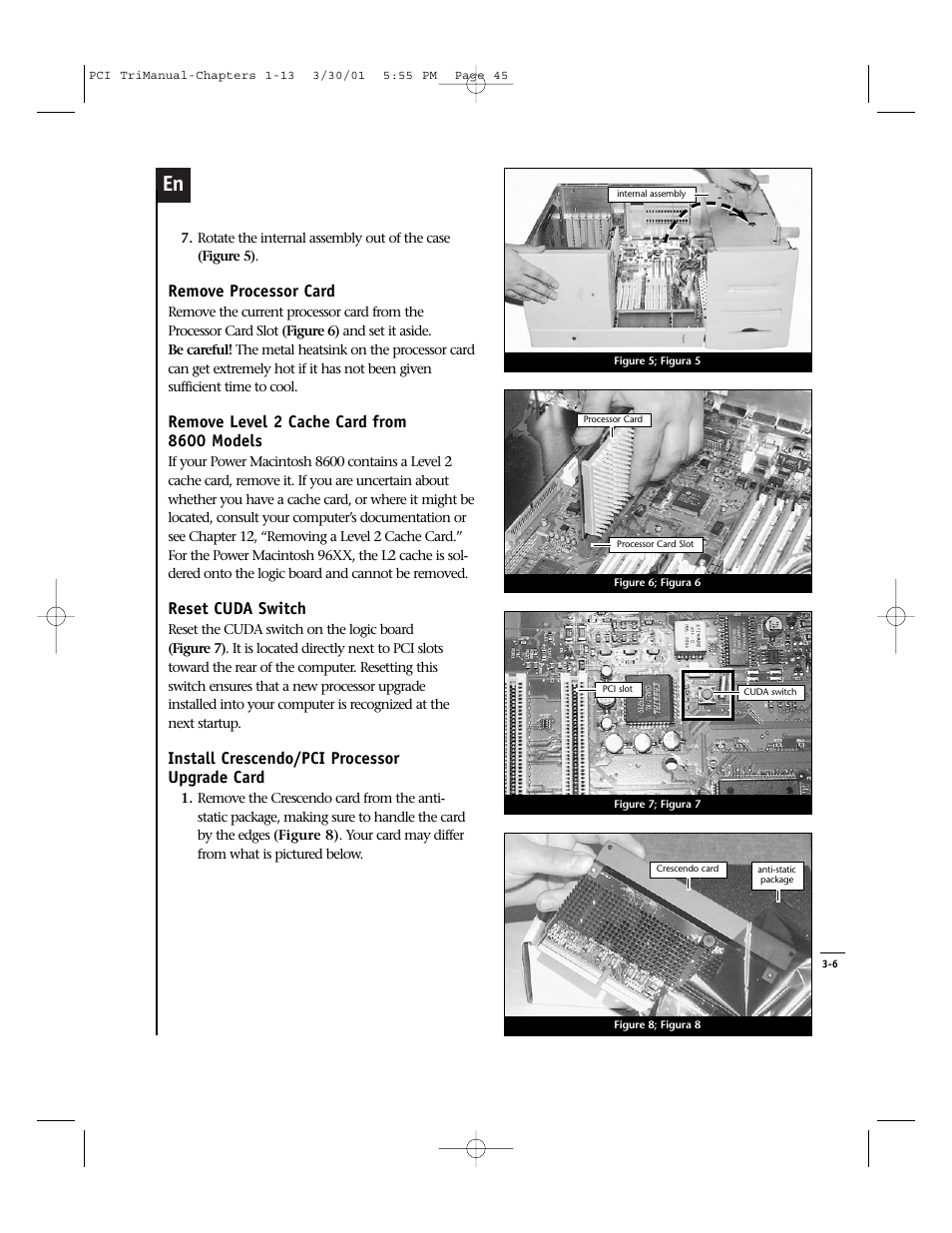 Remove processor card, Reset cuda switch, Install crescendo/pci processor upgrade card | Sonnet Technologies Crescendo_PCI Processor Upgrade Card User Manual | Page 63 / 179