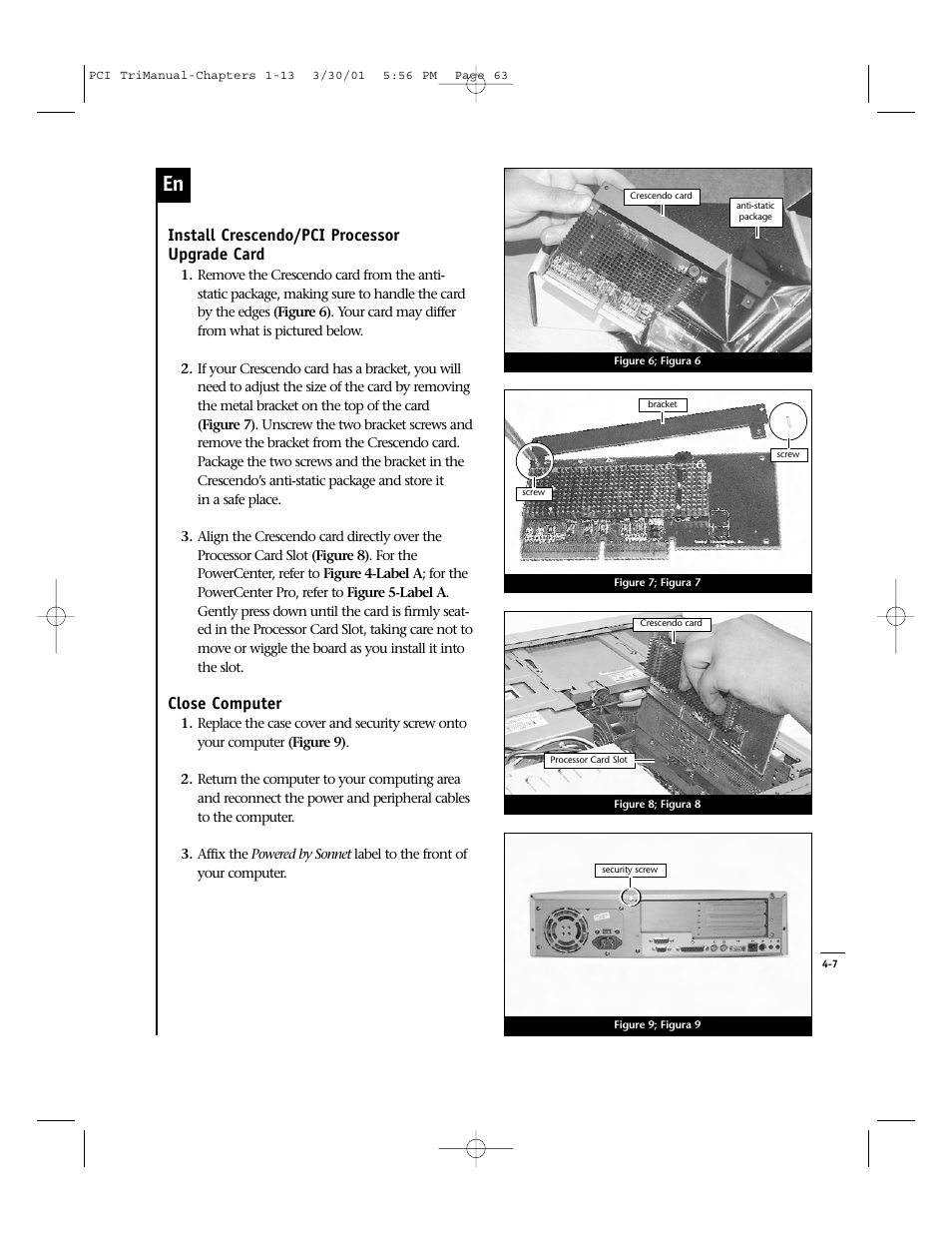 Install crescendo/pci processor upgrade card, Close computer | Sonnet Technologies Crescendo_PCI Processor Upgrade Card User Manual | Page 81 / 179