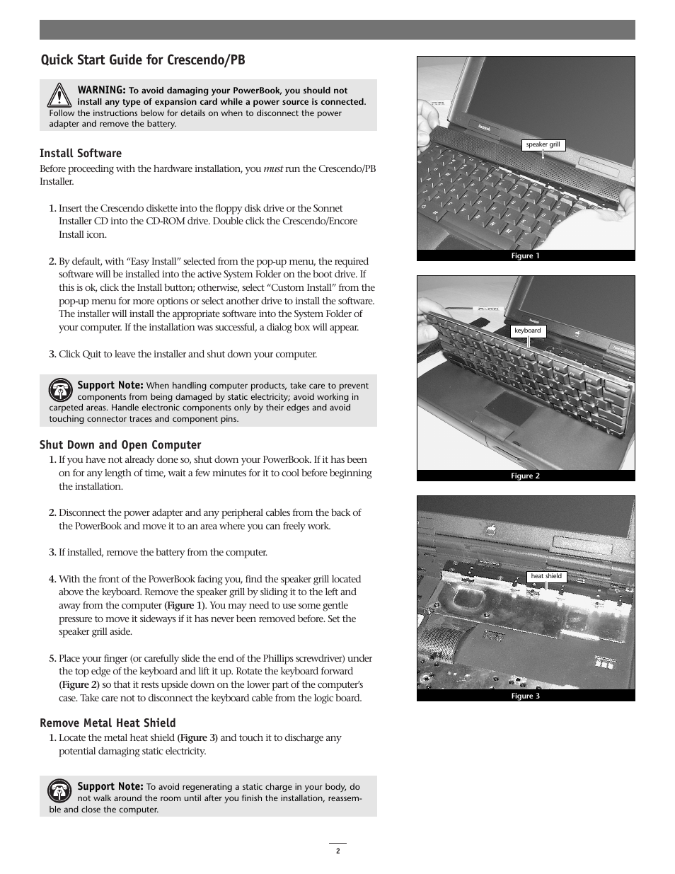 Quick start guide for crescendo/pb, Install software, Shut down and open computer | Remove metal heat shield | Sonnet Technologies Crescendo_PB Processor Upgrade Card User Manual | Page 2 / 6