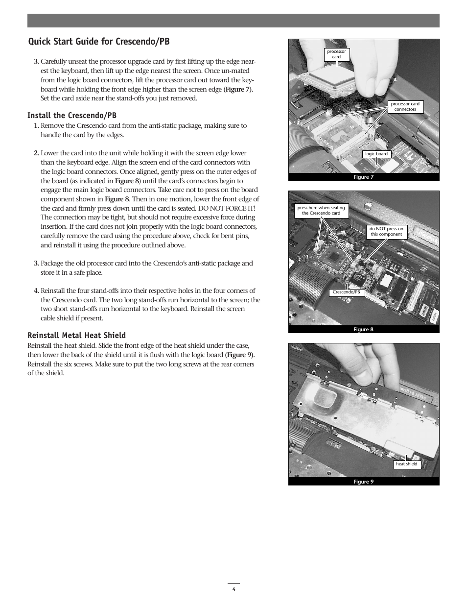 Quick start guide for crescendo/pb, Install the crescendo/pb, Reinstall metal heat shield | Sonnet Technologies Crescendo_PB Processor Upgrade Card User Manual | Page 4 / 6