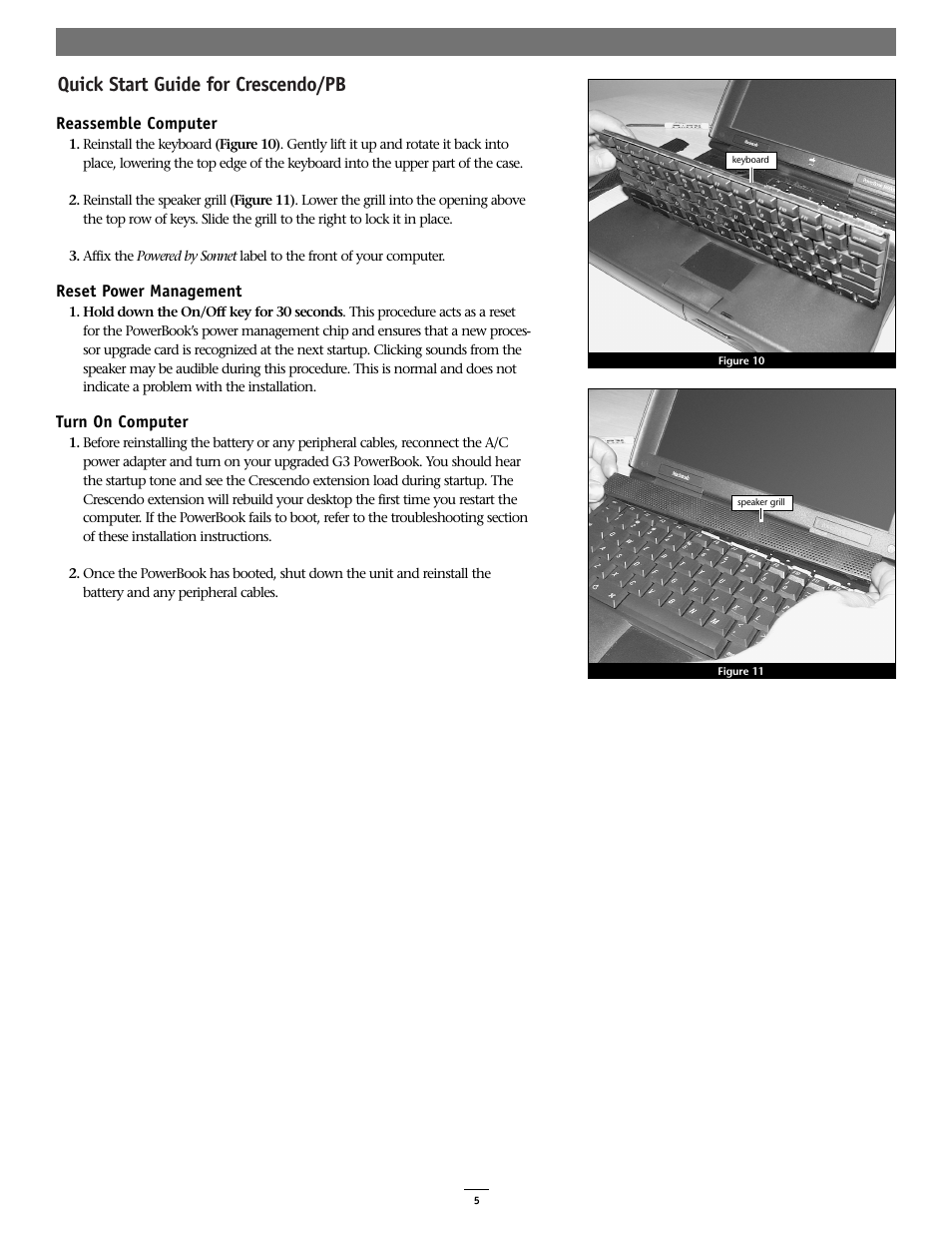 Quick start guide for crescendo/pb | Sonnet Technologies Crescendo_PB Processor Upgrade Card User Manual | Page 5 / 6