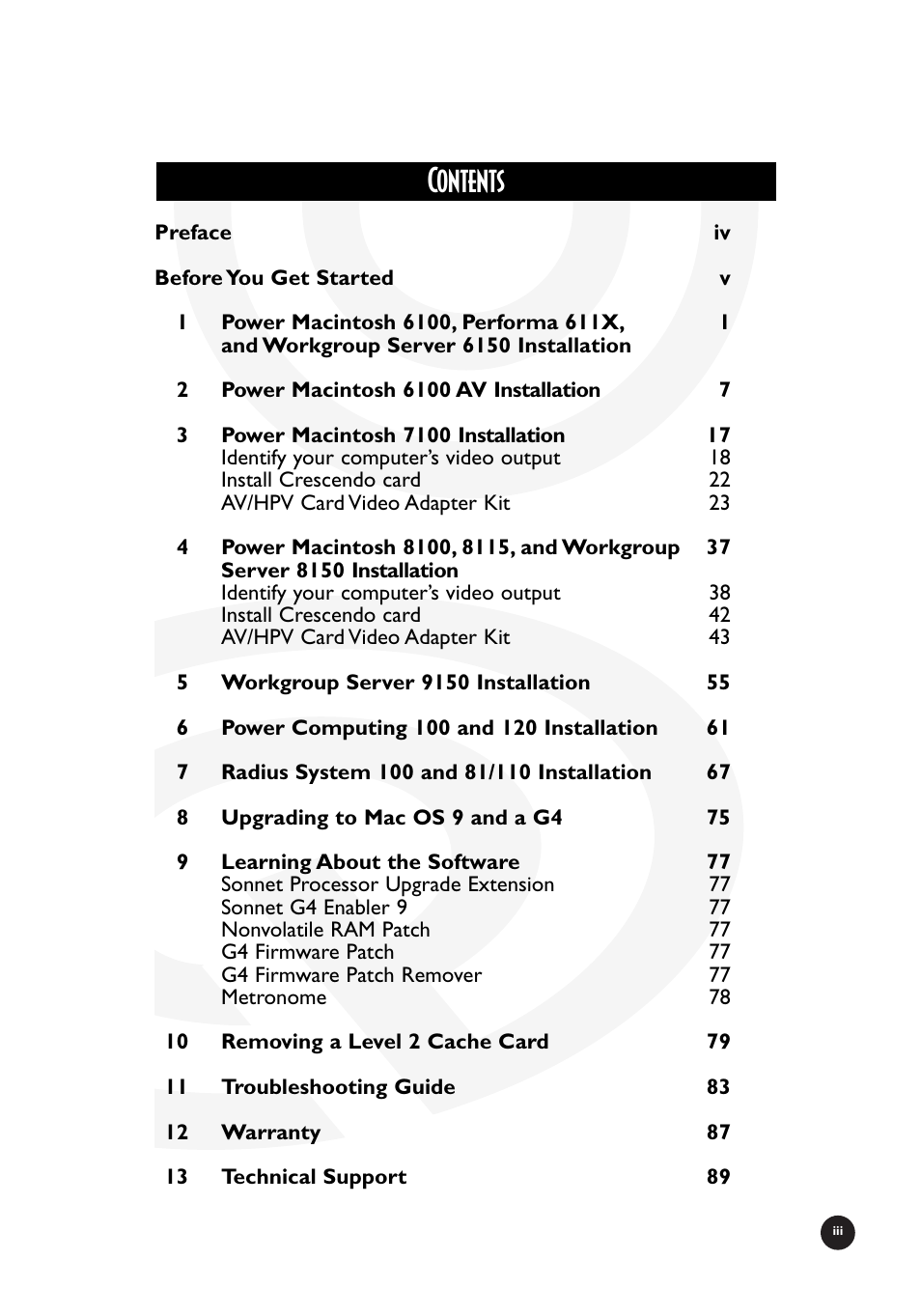 Sonnet Technologies Crescendo_NuBus Processor Upgrade Card User Manual | Page 3 / 97