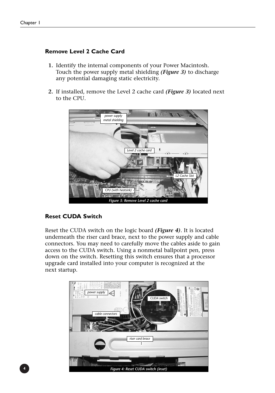 Remove level 2 cache card, Reset cuda switch | Sonnet Technologies Crescendo_L2 Processor Upgrade User Manual | Page 10 / 73