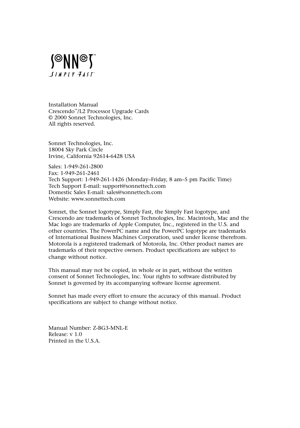 Sonnet Technologies Crescendo_L2 Processor Upgrade User Manual | Page 2 / 73
