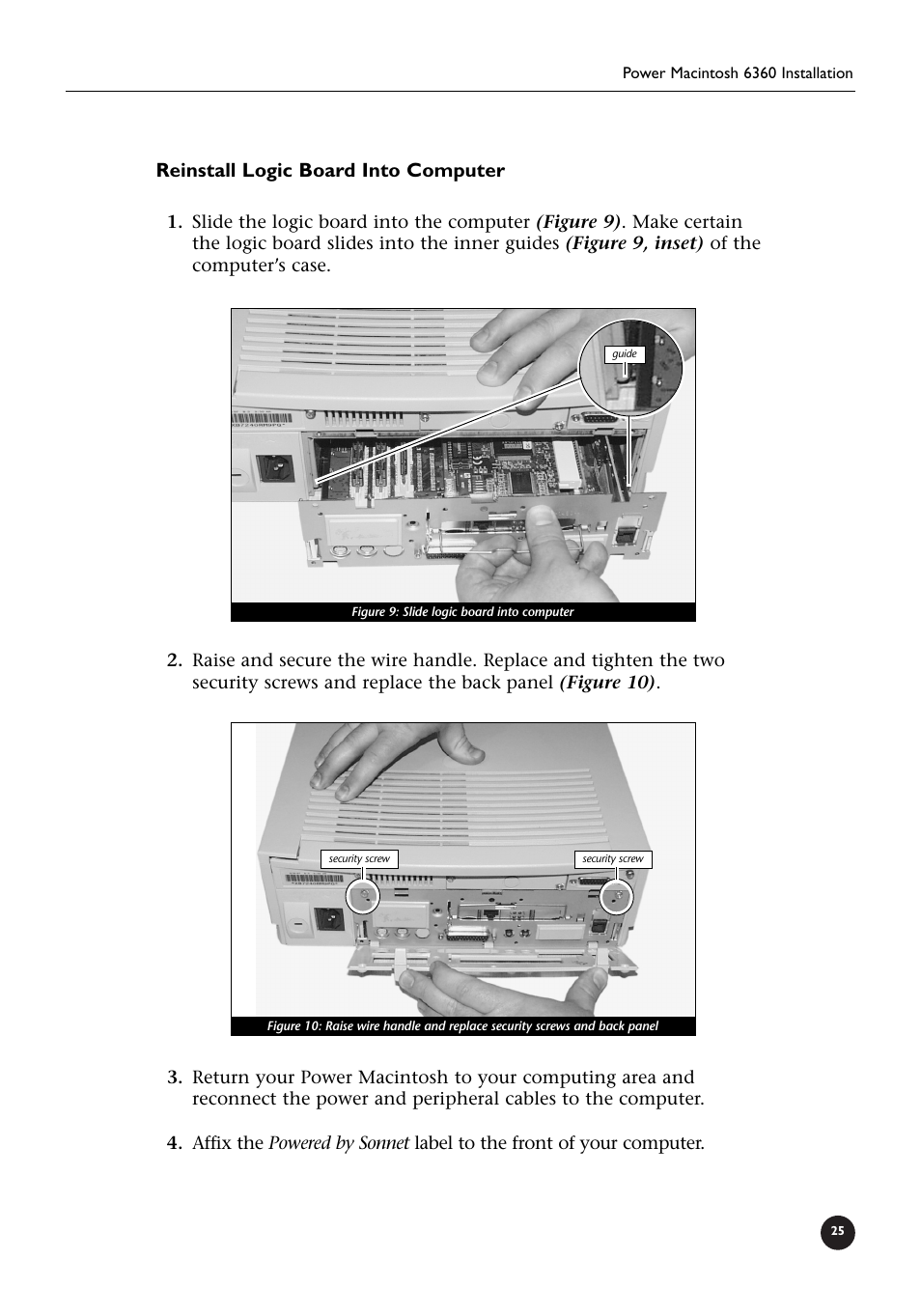 Reinstall logic board into computer | Sonnet Technologies Crescendo_L2 Processor Upgrade User Manual | Page 31 / 73