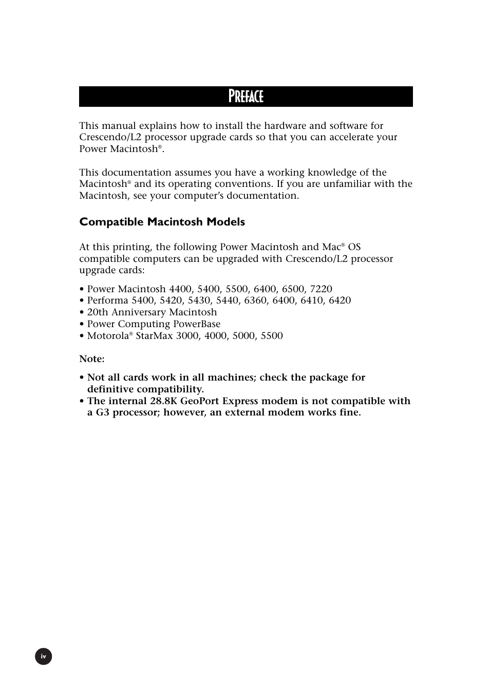 Preface, Compatible macintosh models | Sonnet Technologies Crescendo_L2 Processor Upgrade User Manual | Page 4 / 73