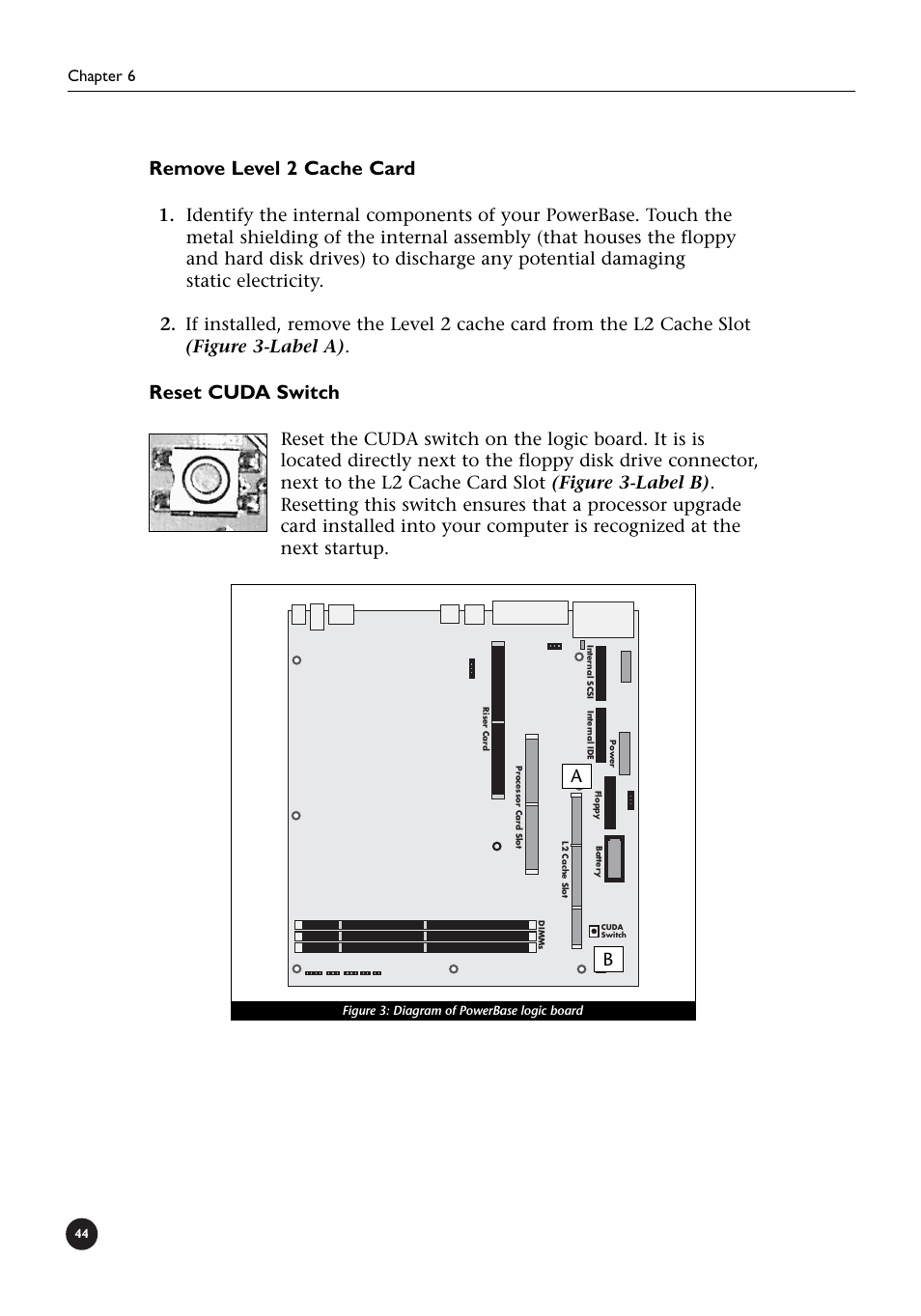 Remove level 2 cache card, Reset cuda switch, Chapter 6 | Sonnet Technologies Crescendo_L2 Processor Upgrade User Manual | Page 50 / 73