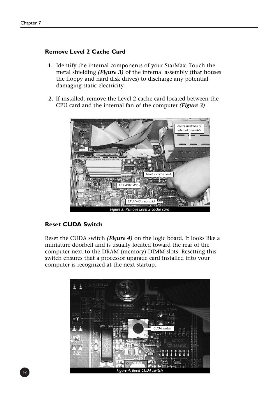 Remove level 2 cache card, Reset cuda switch | Sonnet Technologies Crescendo_L2 Processor Upgrade User Manual | Page 58 / 73