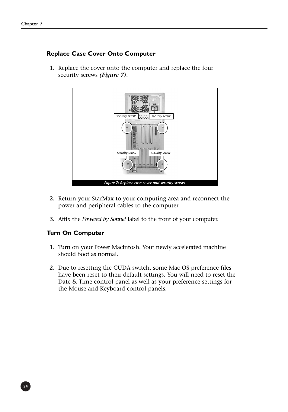 Replace case cover onto computer, Turn on computer | Sonnet Technologies Crescendo_L2 Processor Upgrade User Manual | Page 60 / 73