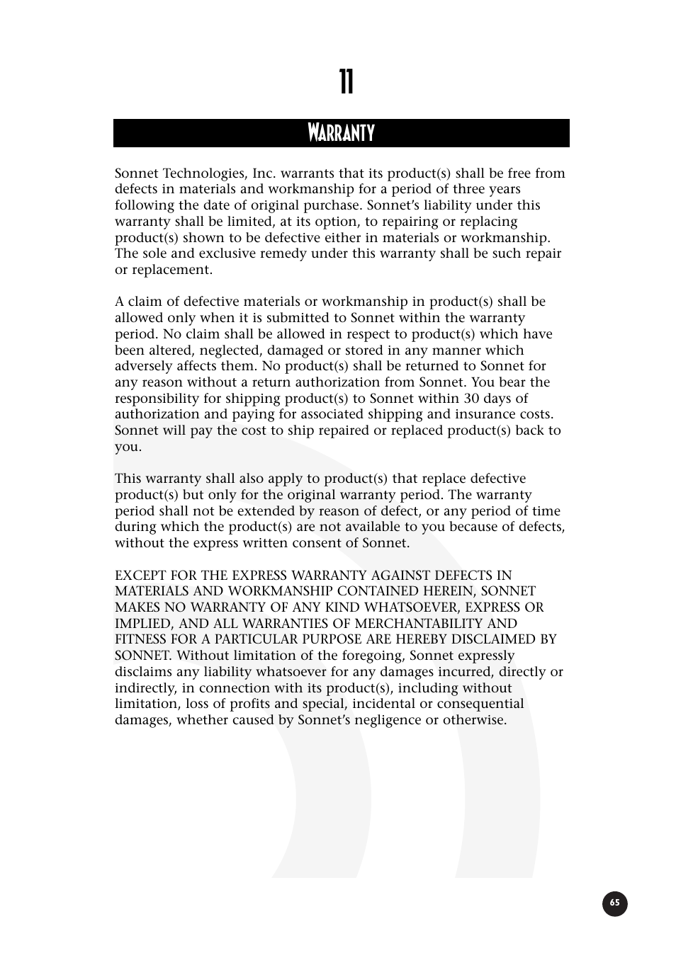 Warranty | Sonnet Technologies Crescendo_L2 Processor Upgrade User Manual | Page 71 / 73