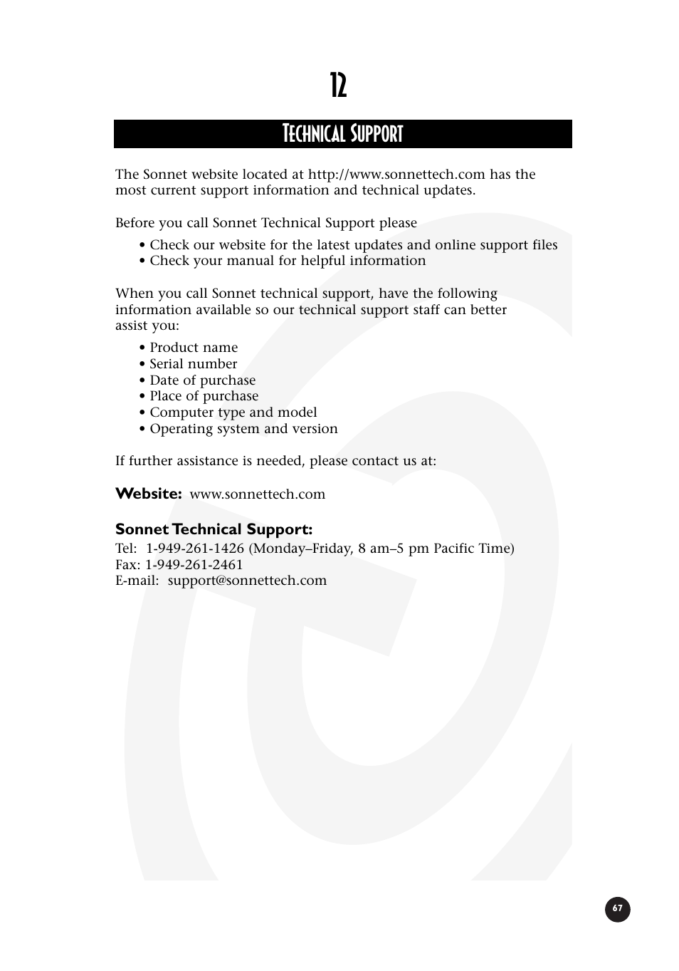 Technical support | Sonnet Technologies Crescendo_L2 Processor Upgrade User Manual | Page 73 / 73