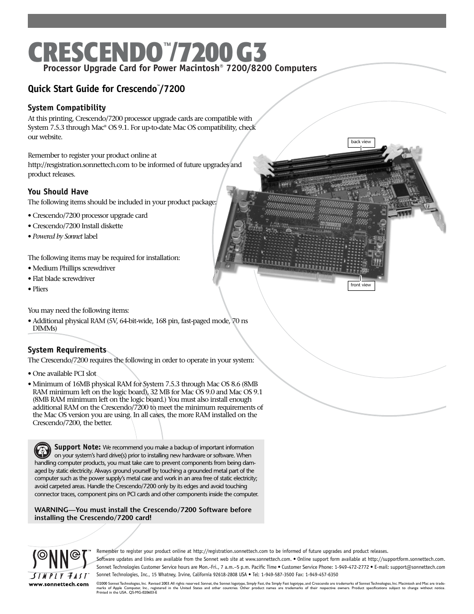 Sonnet Technologies Crescendo_7200 Processor Upgrade Card User Manual | 9 pages