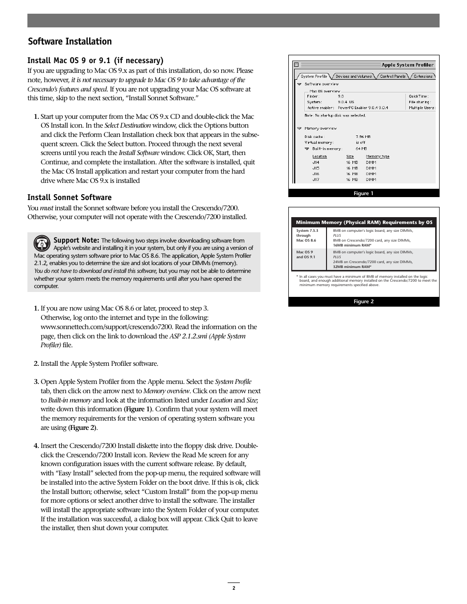 Software installation, Install mac os 9 or 9.1 (if necessary), Install sonnet software | Sonnet Technologies Crescendo_7200 Processor Upgrade Card User Manual | Page 2 / 9