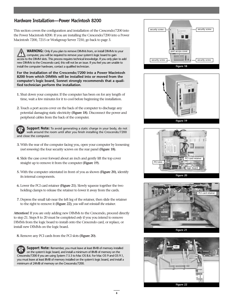 Hardware installation—power macintosh 8200 | Sonnet Technologies Crescendo_7200 Processor Upgrade Card User Manual | Page 6 / 9