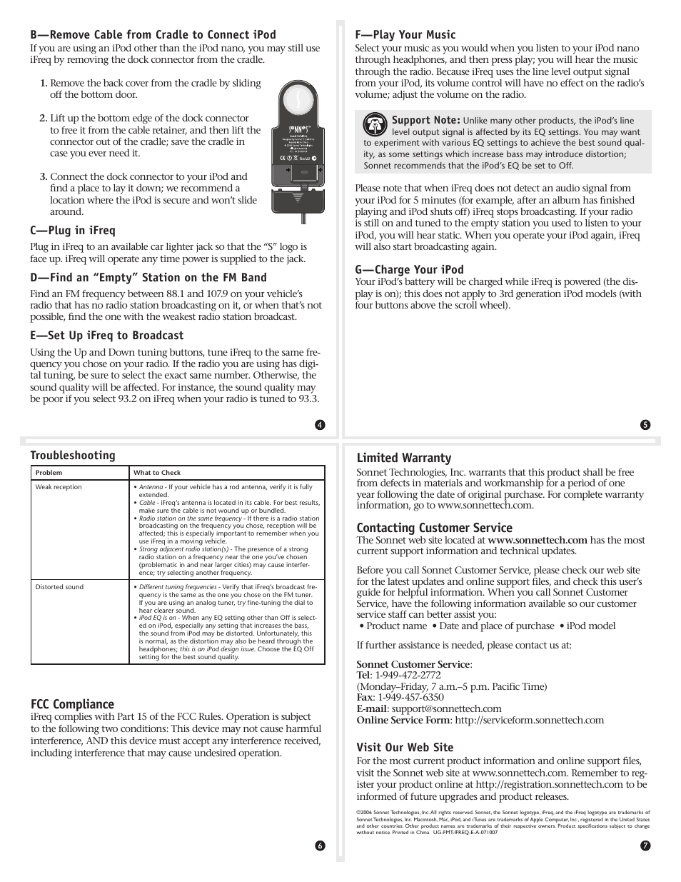 Fcc compliance, Limited warranty, Contacting customer service | B—remove cable from cradle to connect ipod, C—plug in ifreq, D—find an “empty” station on the fm band, E—set up ifreq to broadcast, F—play your music, G—charge your ipod, Troubleshooting | Sonnet Technologies iFreq User Manual | Page 2 / 2