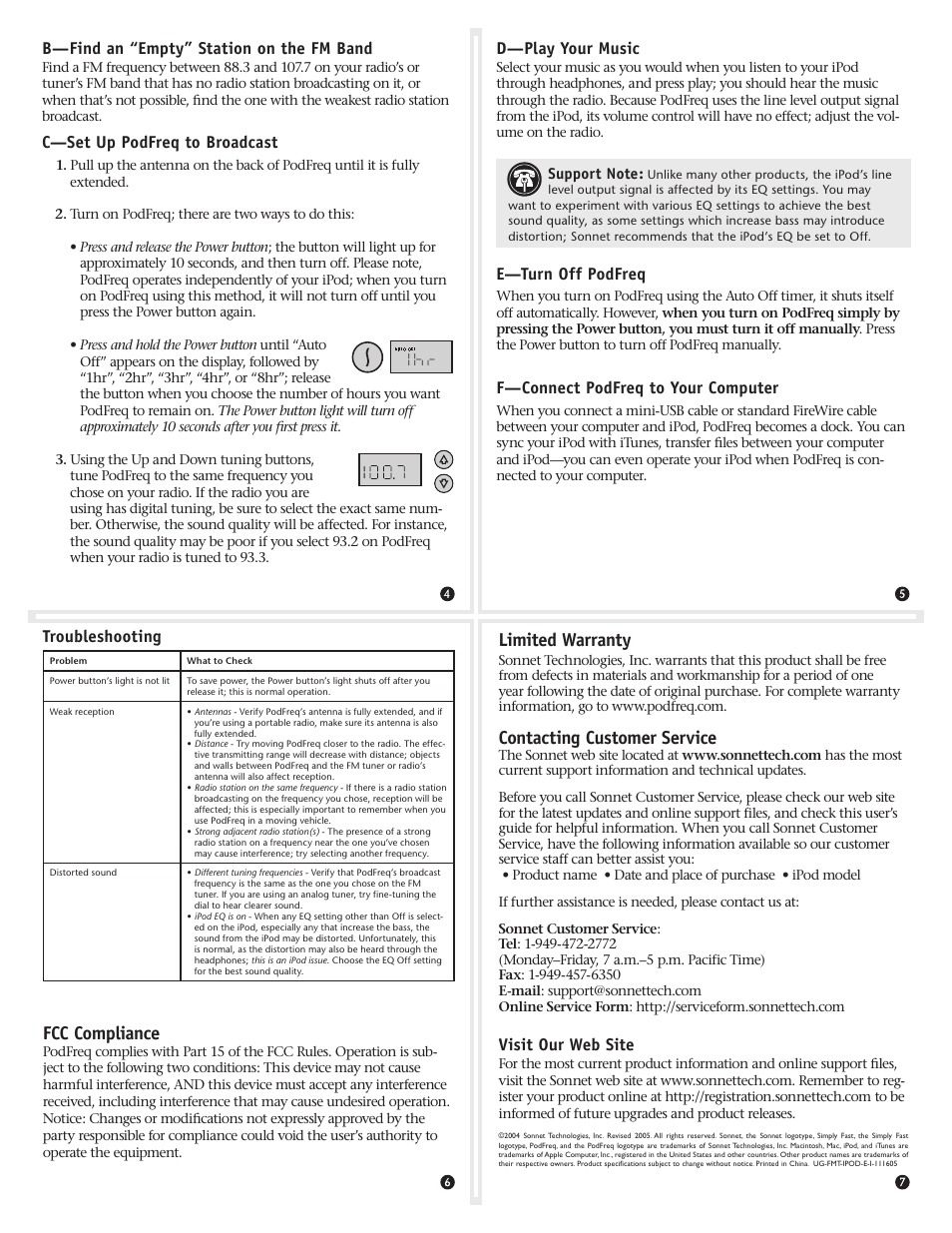 Fcc compliance, Limited warranty, Contacting customer service | D—play your music, E—turn off podfreq, F—connect podfreq to your computer, Troubleshooting, B—find an “empty” station on the fm band, C—set up podfreq to broadcast, Visit our web site | Sonnet Technologies PodFreq User Manual | Page 2 / 2