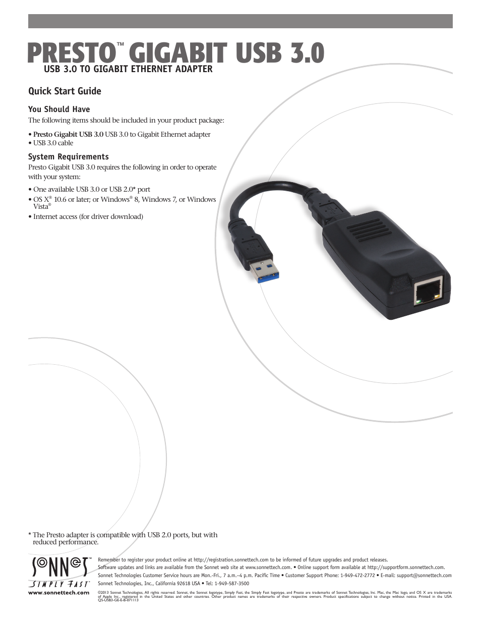 Sonnet Technologies Presto Gigabit USB 3.0 User Manual | 4 pages