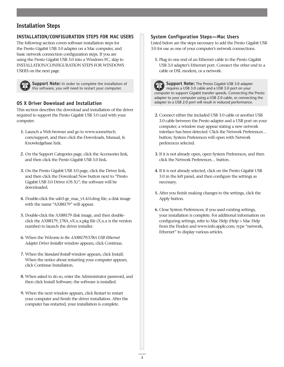 Installation steps | Sonnet Technologies Presto Gigabit USB 3.0 User Manual | Page 2 / 4