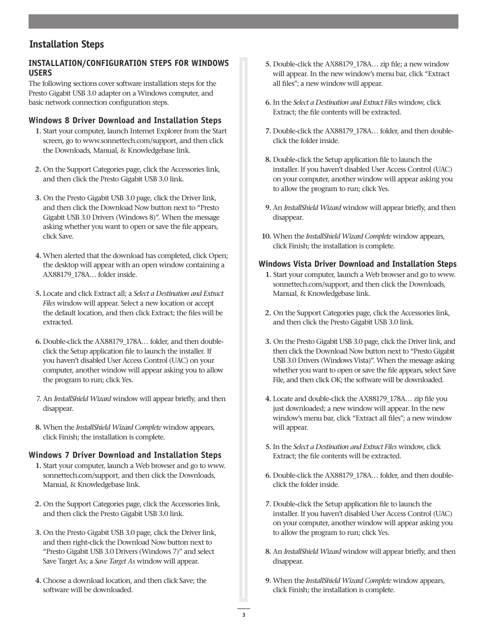 Installation steps | Sonnet Technologies Presto Gigabit USB 3.0 User Manual | Page 3 / 4