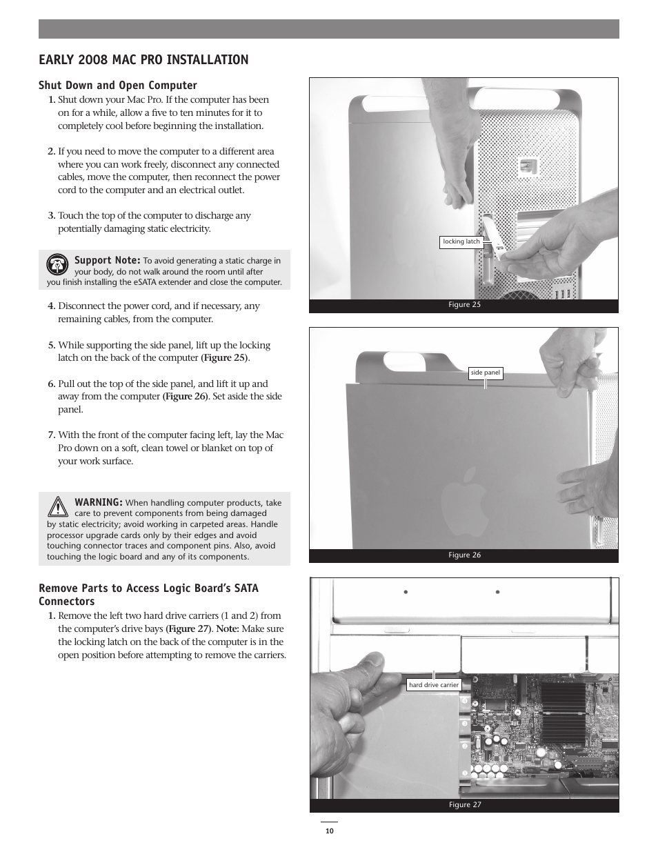Early 2008 mac pro installation, Shut down and open computer | Sonnet Technologies eSATA Extender Cable User Manual | Page 10 / 16