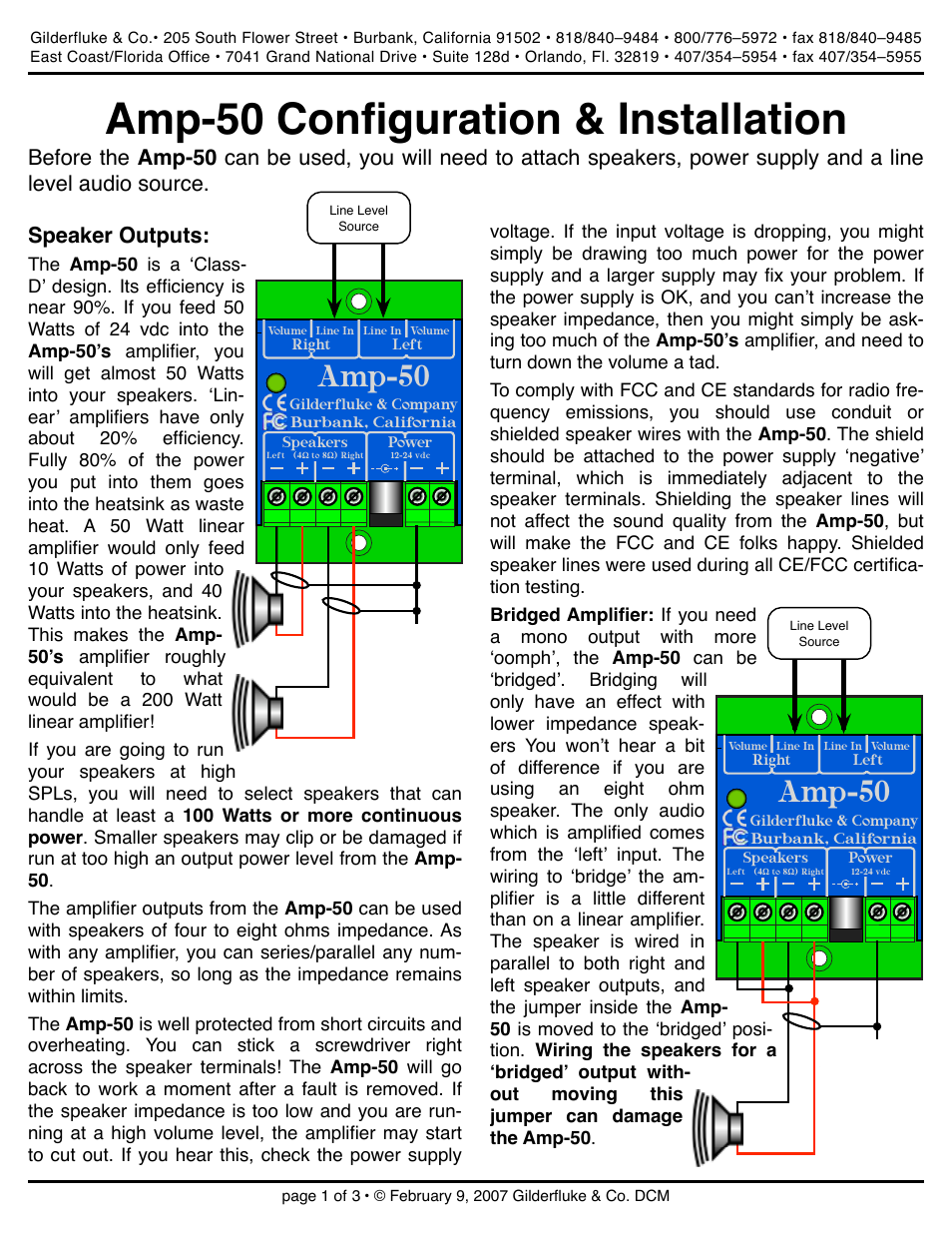 Gilderfluke&Co Amp-50 Class D Stereo Audio Amplifier User Manual | 3 pages
