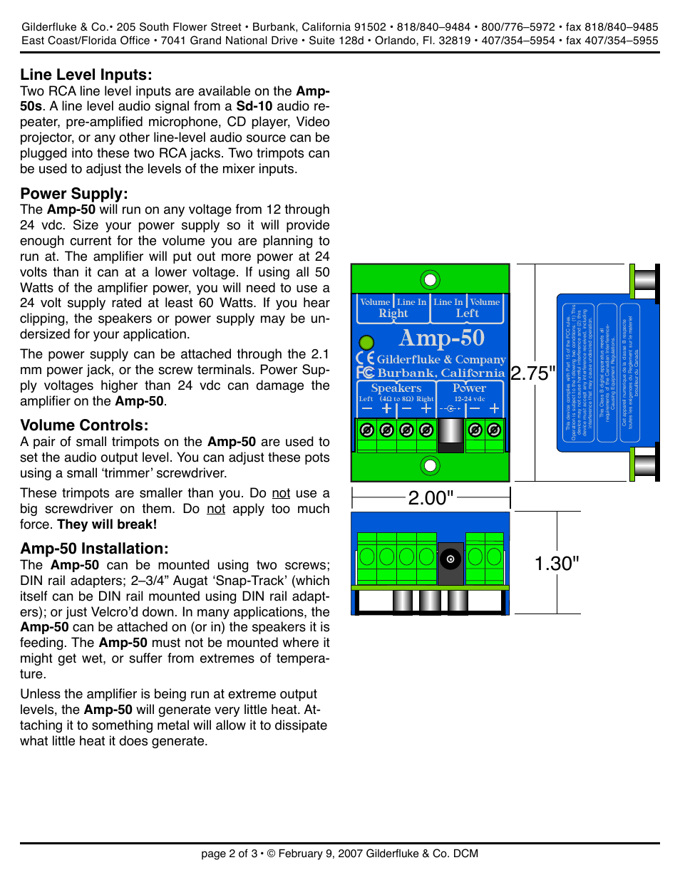 Amp-50, Line level inputs, Power supply | Volume controls, Amp-50 installation, Gilderfluke & company burbank, california, Right left, Power, Speakers, Line in line in volume volume | Gilderfluke&Co Amp-50 Class D Stereo Audio Amplifier User Manual | Page 2 / 3