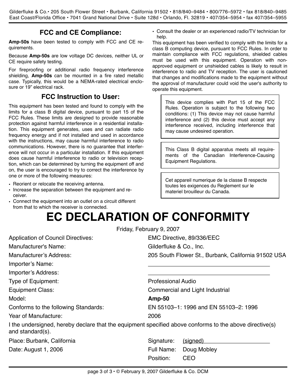 Ec declaration of conformity | Gilderfluke&Co Amp-50 Class D Stereo Audio Amplifier User Manual | Page 3 / 3