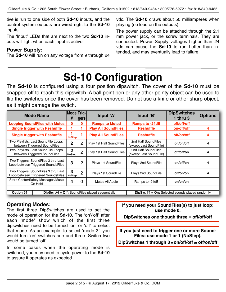 Sd-10 configuration, Power supply, Operating modes | Gilderfluke&Co Sd-10 Audio Repeaters User Manual | Page 2 / 5
