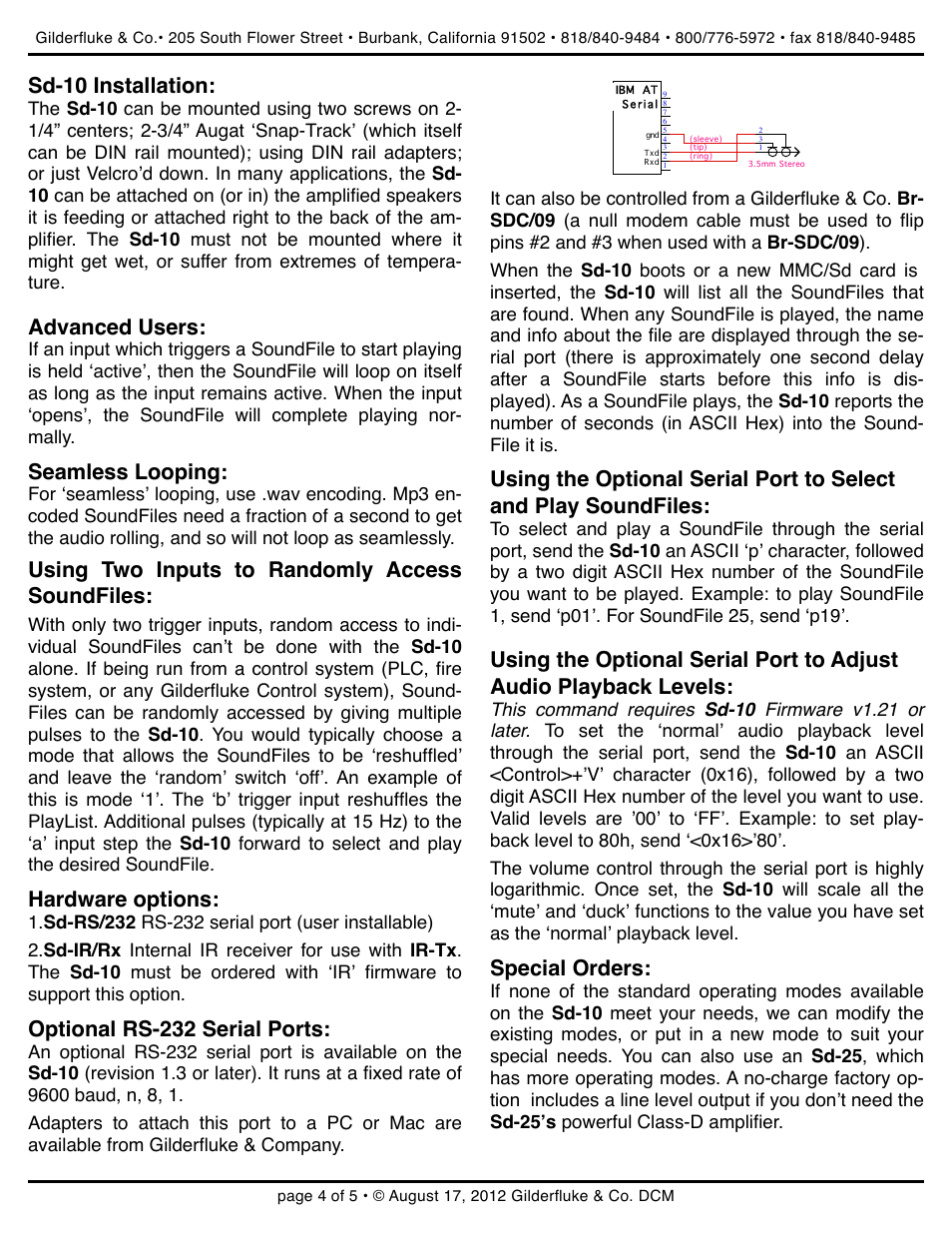 Sd-10 installation, Advanced users, Seamless looping | Using two inputs to randomly access soundfiles, Hardware options, Optional rs-232 serial ports, Special orders | Gilderfluke&Co Sd-10 Audio Repeaters User Manual | Page 4 / 5