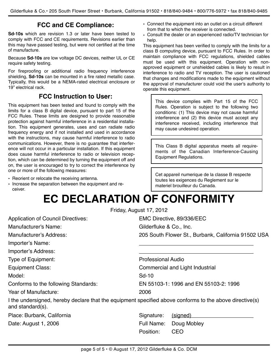 Ec declaration of conformity | Gilderfluke&Co Sd-10 Audio Repeaters User Manual | Page 5 / 5