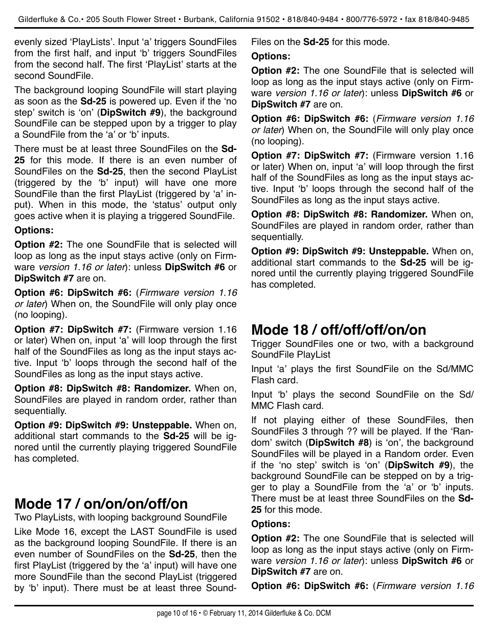 Mode 17 / on/on/on/off/on, Mode 18 / off/off/off/on/on | Gilderfluke&Co Sd-25 Audio Repeaters w/Amplifier User Manual | Page 10 / 16