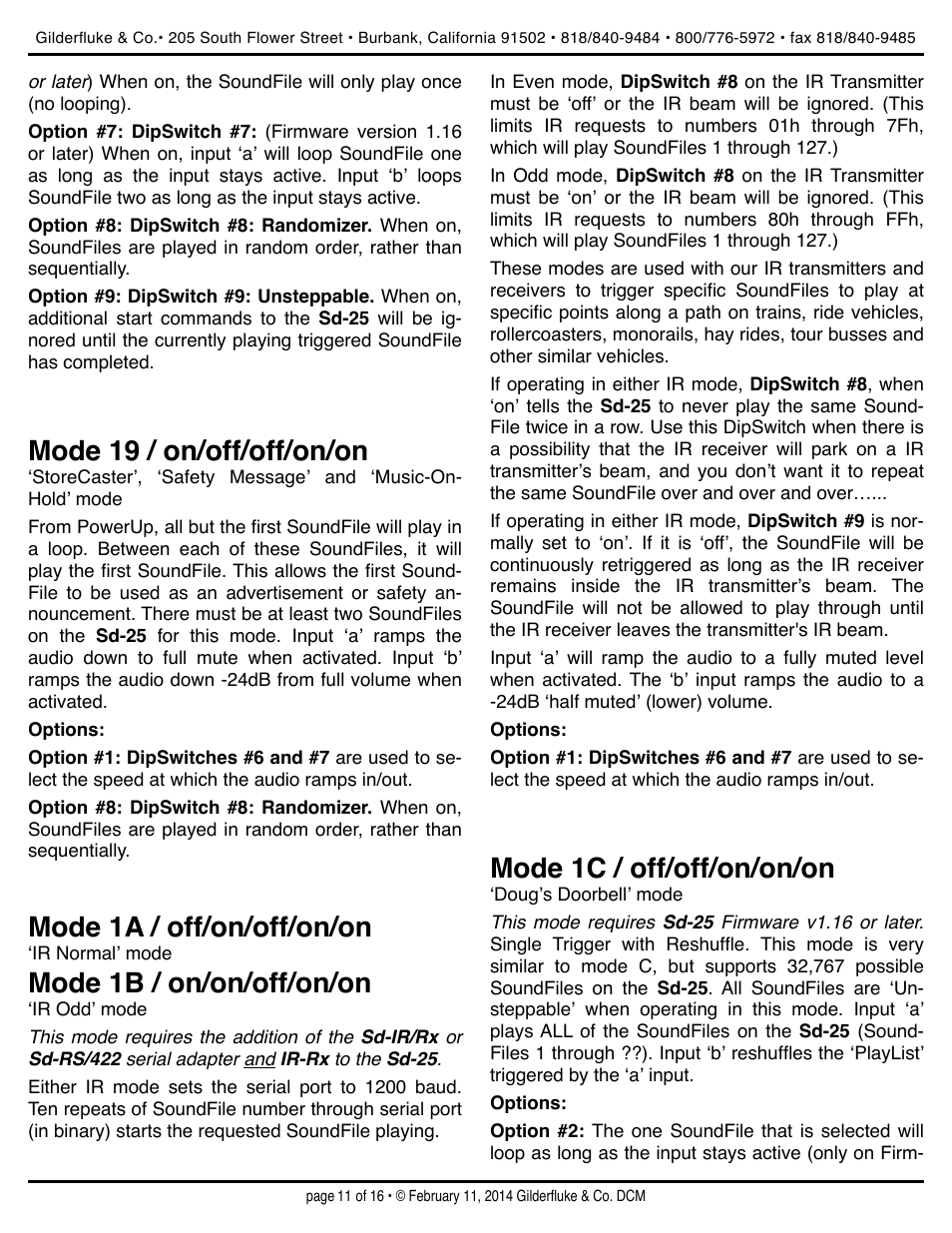 Mode 19 / on/off/off/on/on, Mode 1a / off/on/off/on/on, Mode 1b / on/on/off/on/on | Mode 1c / off/off/on/on/on | Gilderfluke&Co Sd-25 Audio Repeaters w/Amplifier User Manual | Page 11 / 16