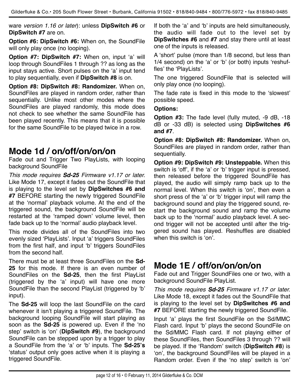 Mode 1d / on/off/on/on/on, Mode 1e / off/on/on/on/on | Gilderfluke&Co Sd-25 Audio Repeaters w/Amplifier User Manual | Page 12 / 16