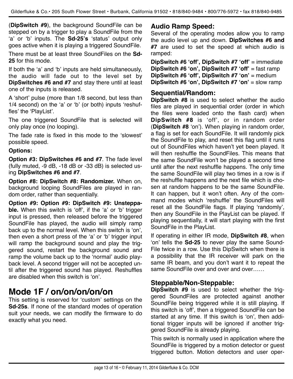 Mode 1f / on/on/on/on/on | Gilderfluke&Co Sd-25 Audio Repeaters w/Amplifier User Manual | Page 13 / 16