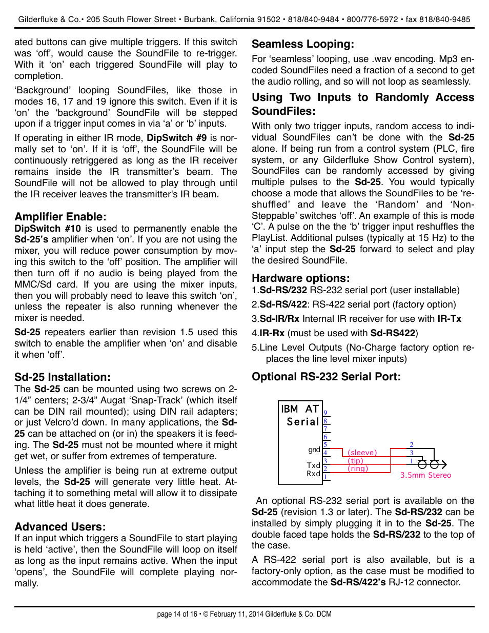 Amplifier enable, Sd-25 installation, Advanced users | Seamless looping, Using two inputs to randomly access soundfiles, Hardware options, Optional rs-232 serial port | Gilderfluke&Co Sd-25 Audio Repeaters w/Amplifier User Manual | Page 14 / 16