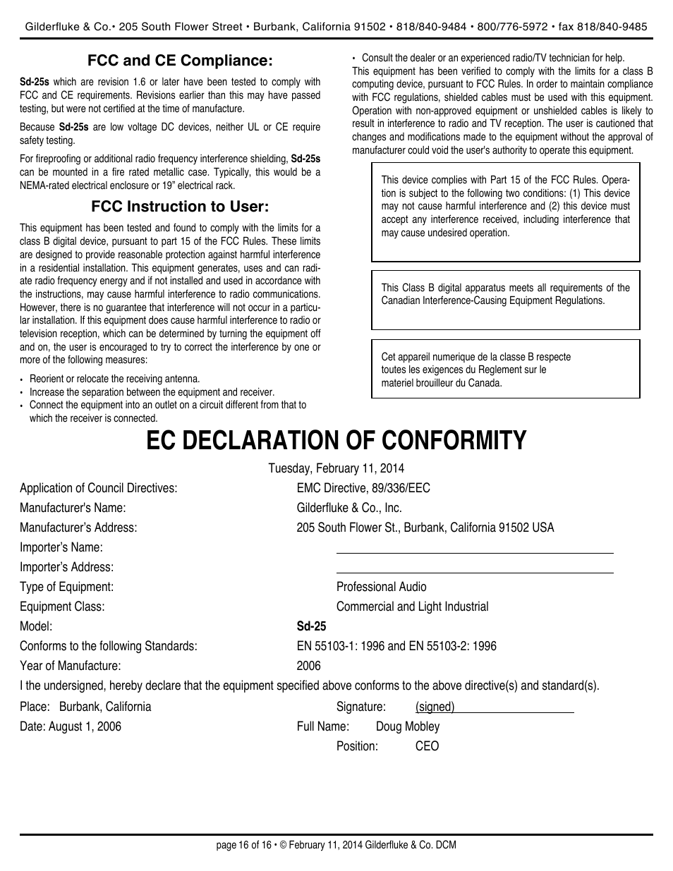 Ec declaration of conformity | Gilderfluke&Co Sd-25 Audio Repeaters w/Amplifier User Manual | Page 16 / 16