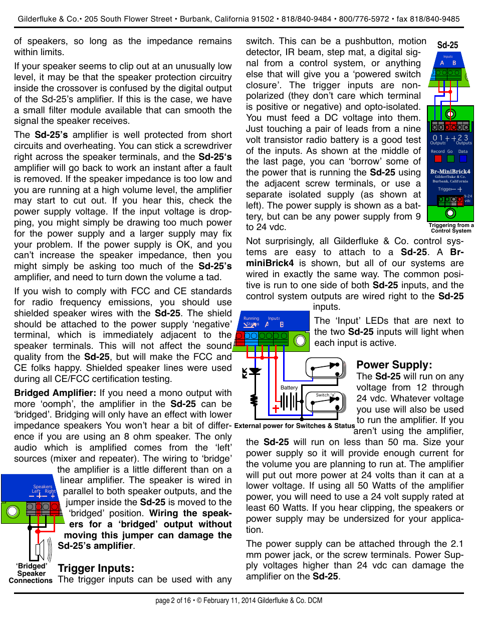 Trigger inputs, Power supply, Sd-25 | Gilderfluke&Co Sd-25 Audio Repeaters w/Amplifier User Manual | Page 2 / 16