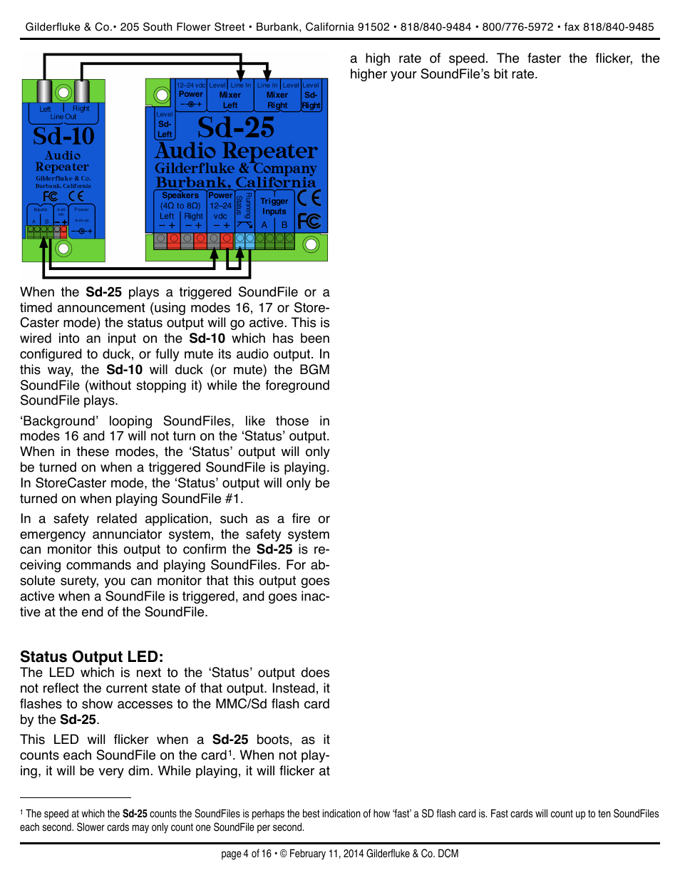 Status output led | Gilderfluke&Co Sd-25 Audio Repeaters w/Amplifier User Manual | Page 4 / 16