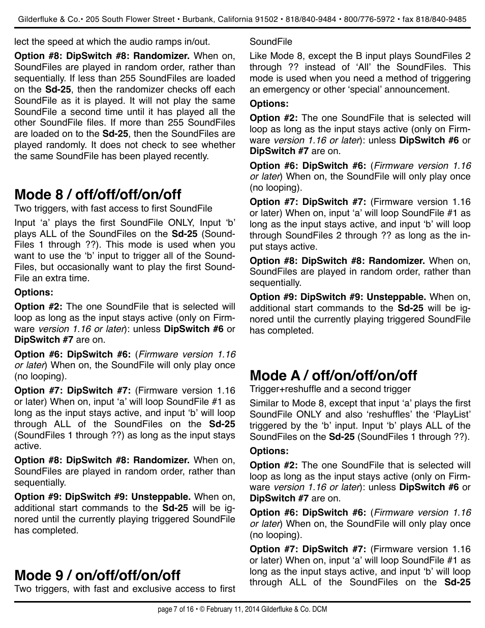 Mode 8 / off/off/off/on/off, Mode 9 / on/off/off/on/off, Mode a / off/on/off/on/off | Gilderfluke&Co Sd-25 Audio Repeaters w/Amplifier User Manual | Page 7 / 16