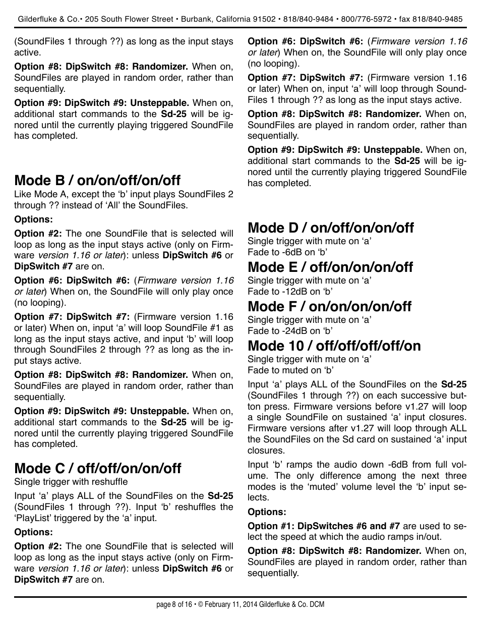 Mode b / on/on/off/on/off, Mode c / off/off/on/on/off, Mode d / on/off/on/on/off | Mode e / off/on/on/on/off, Mode f / on/on/on/on/off, Mode 10 / off/off/off/off/on | Gilderfluke&Co Sd-25 Audio Repeaters w/Amplifier User Manual | Page 8 / 16