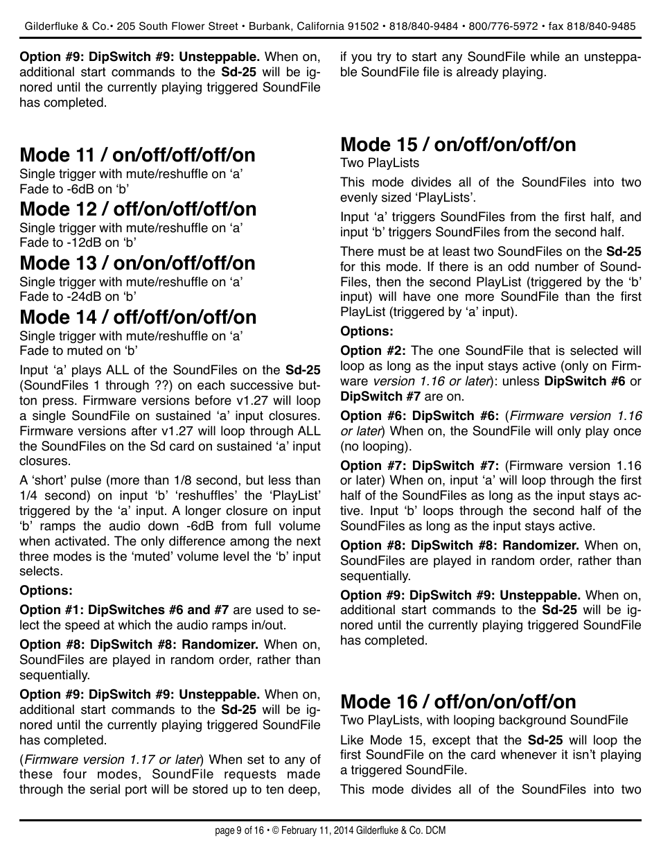 Mode 11 / on/off/off/off/on, Mode 12 / off/on/off/off/on, Mode 13 / on/on/off/off/on | Mode 14 / off/off/on/off/on, Mode 15 / on/off/on/off/on, Mode 16 / off/on/on/off/on | Gilderfluke&Co Sd-25 Audio Repeaters w/Amplifier User Manual | Page 9 / 16