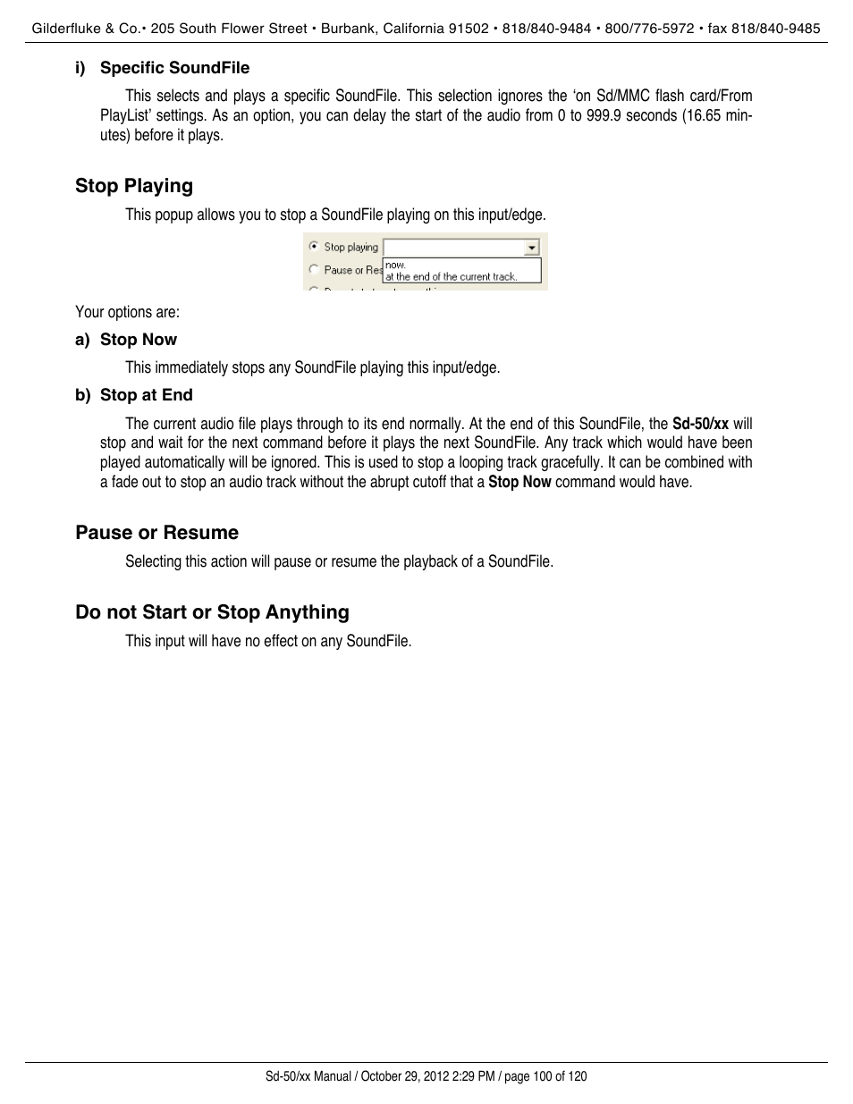 Specific soundfile, Stop playing, Stop now | Stop at end, Pause or resume, Do not start or stop anything | Gilderfluke&Co Sd-50 Audio & Show Controllers User Manual | Page 100 / 120