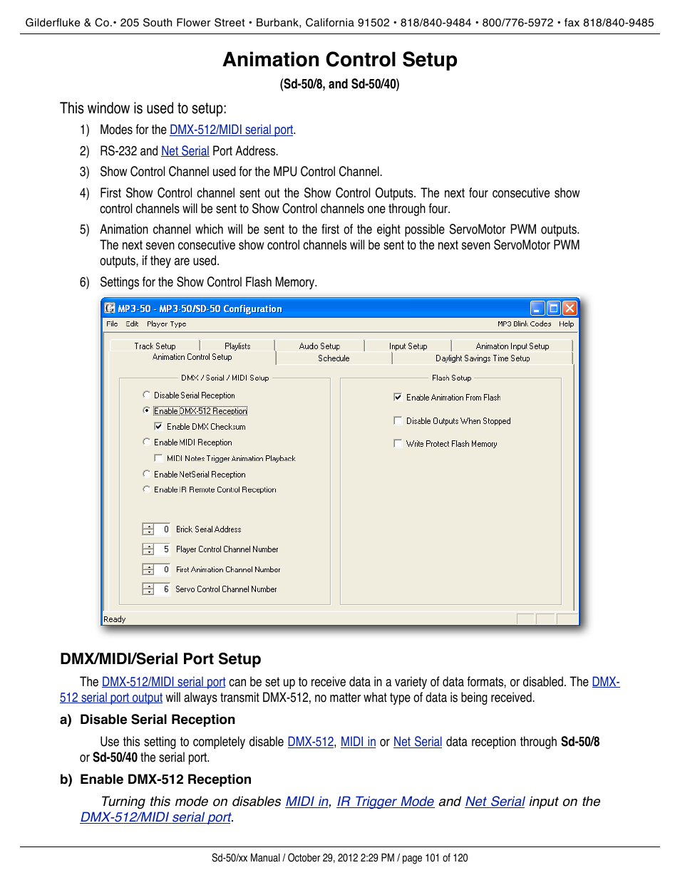 Animation control setup, Dmx/midi/serial port setup, Disable serial reception | Enable dmx-512 reception | Gilderfluke&Co Sd-50 Audio & Show Controllers User Manual | Page 101 / 120