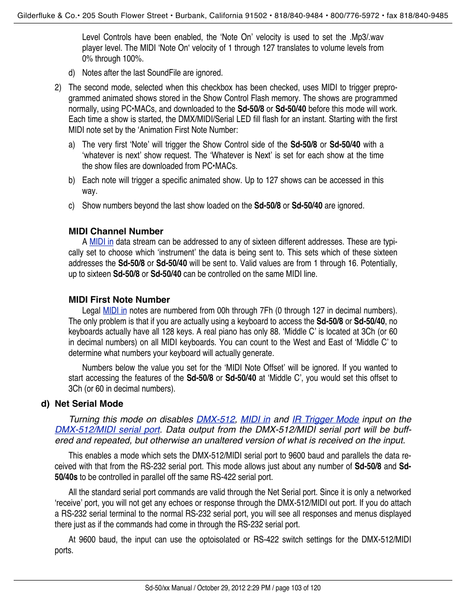 Midi channel number, Midi first note number, Net serial mode | Gilderfluke&Co Sd-50 Audio & Show Controllers User Manual | Page 103 / 120