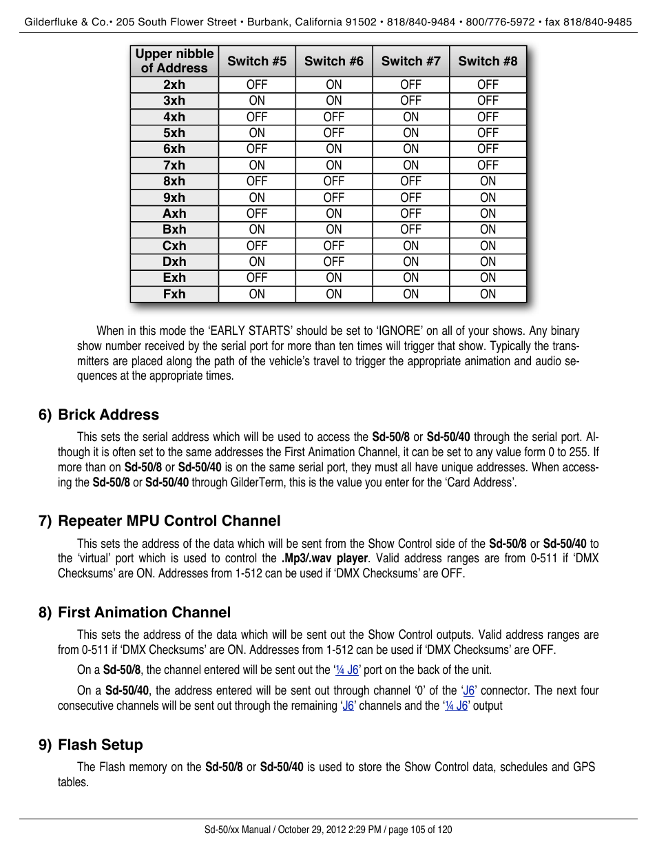 Brick address, Repeater mpu control channel, First animation channel | Flash setup | Gilderfluke&Co Sd-50 Audio & Show Controllers User Manual | Page 105 / 120