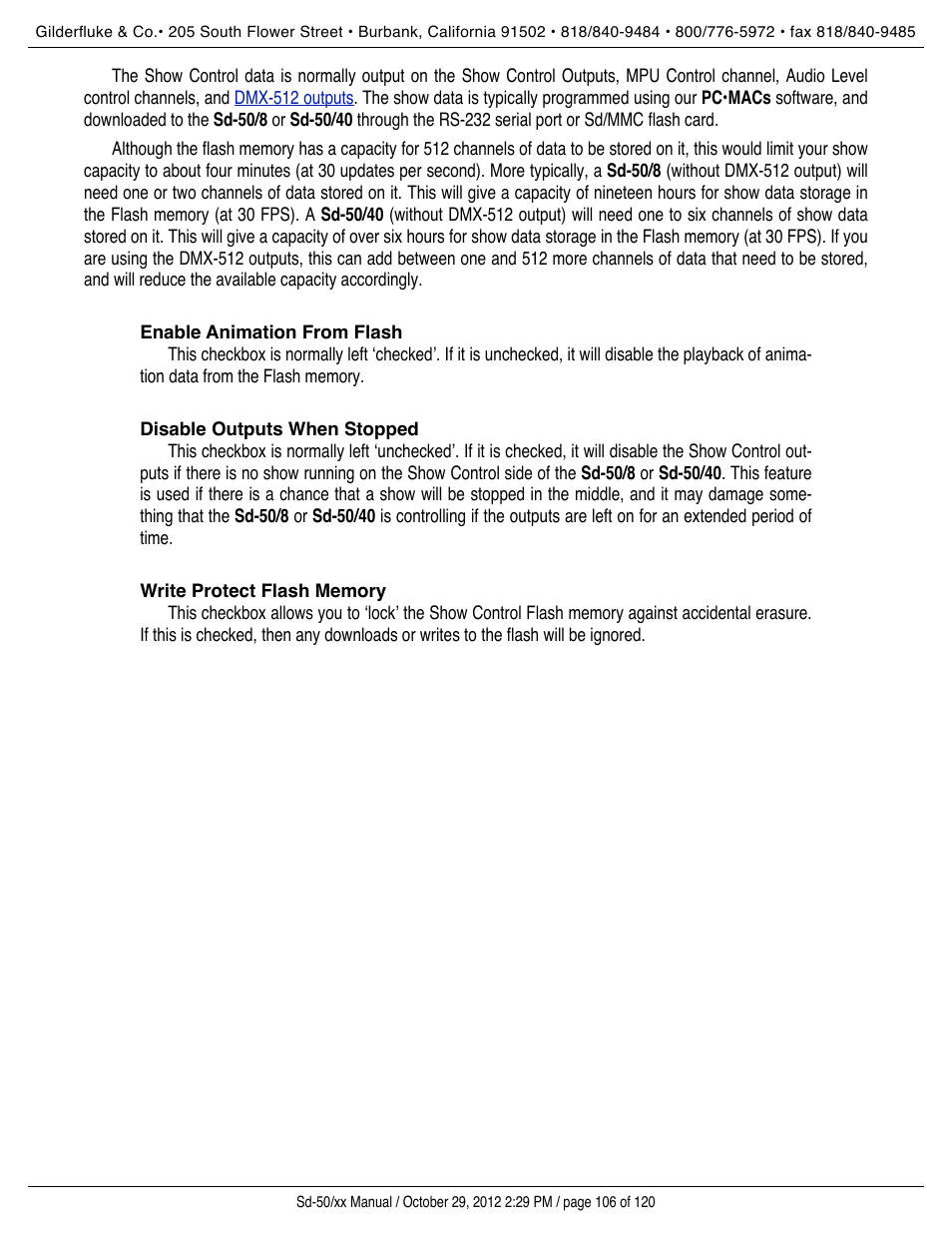Enable animation from flash, Disable outputs when stopped, Write protect flash memory | Gilderfluke&Co Sd-50 Audio & Show Controllers User Manual | Page 106 / 120